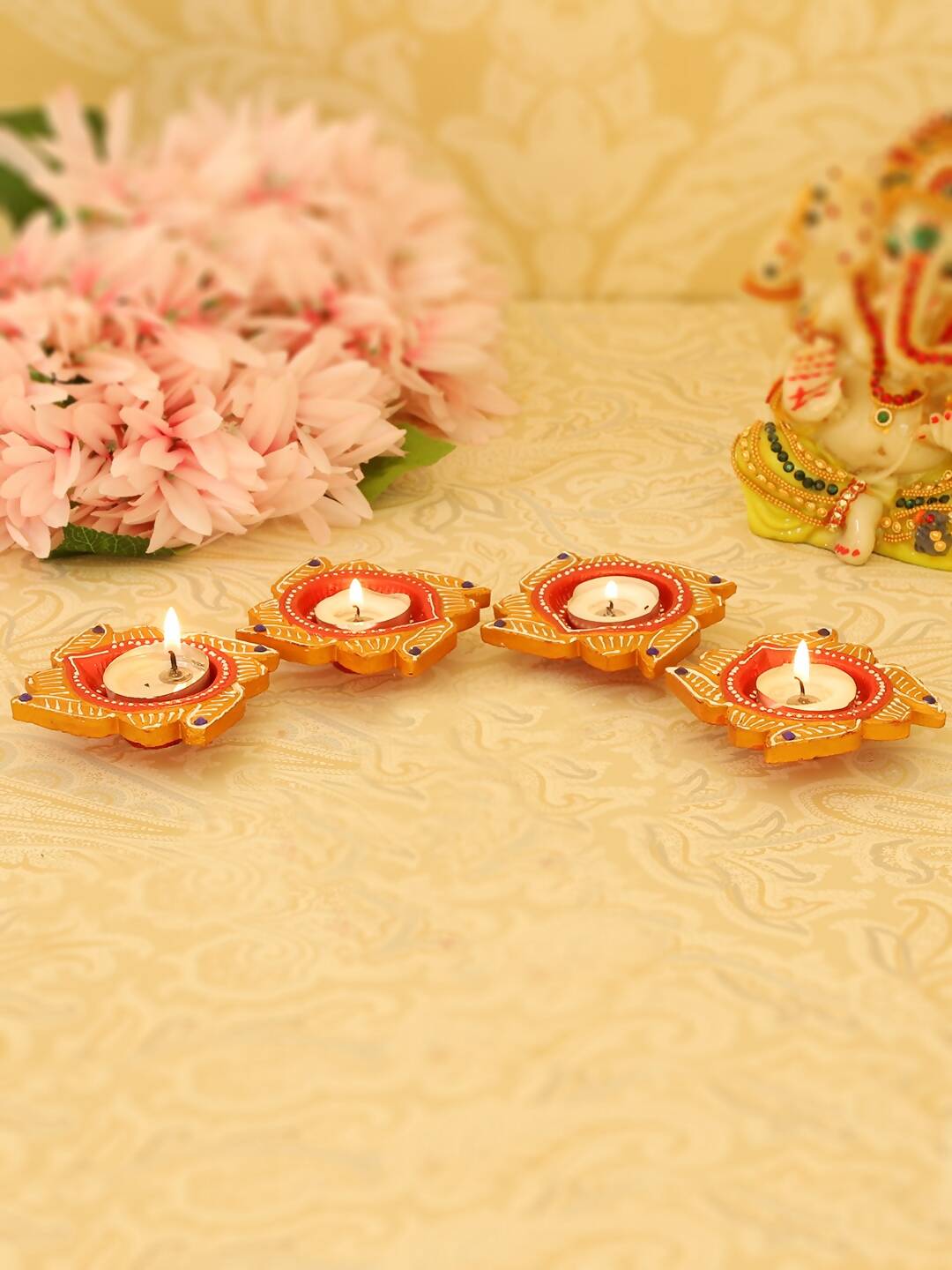 Tied Ribbons Set Of 4 Yellow & Red Printed Terracotta Diyas - Distacart