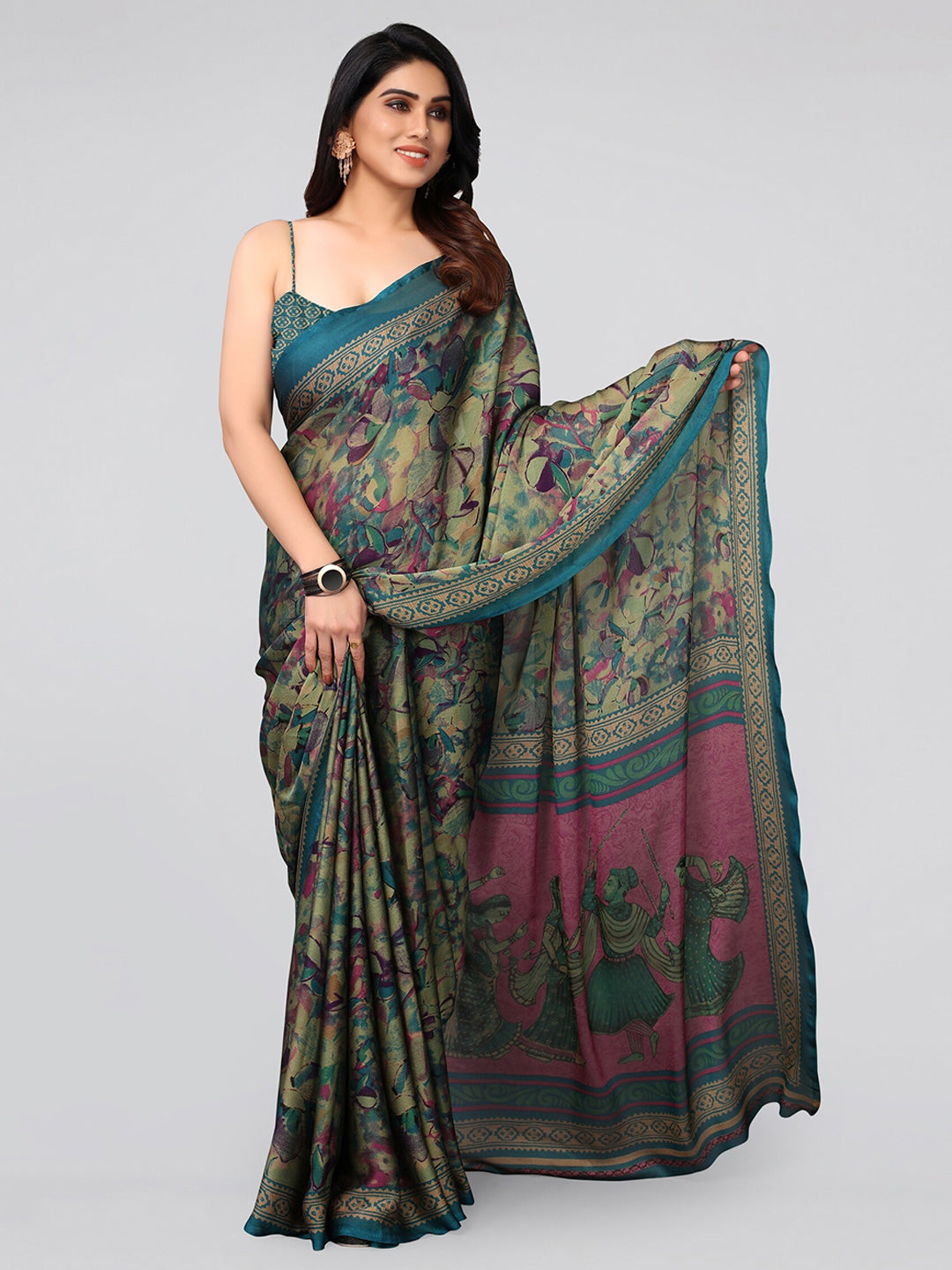 Kalini Turquoise Blue & Green Poly Chiffon Saree - Distacart