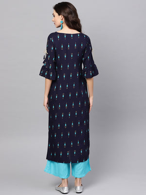 Libas Blue Block Print Straight Viscose Kurta With Keyhole neck - Distacart
