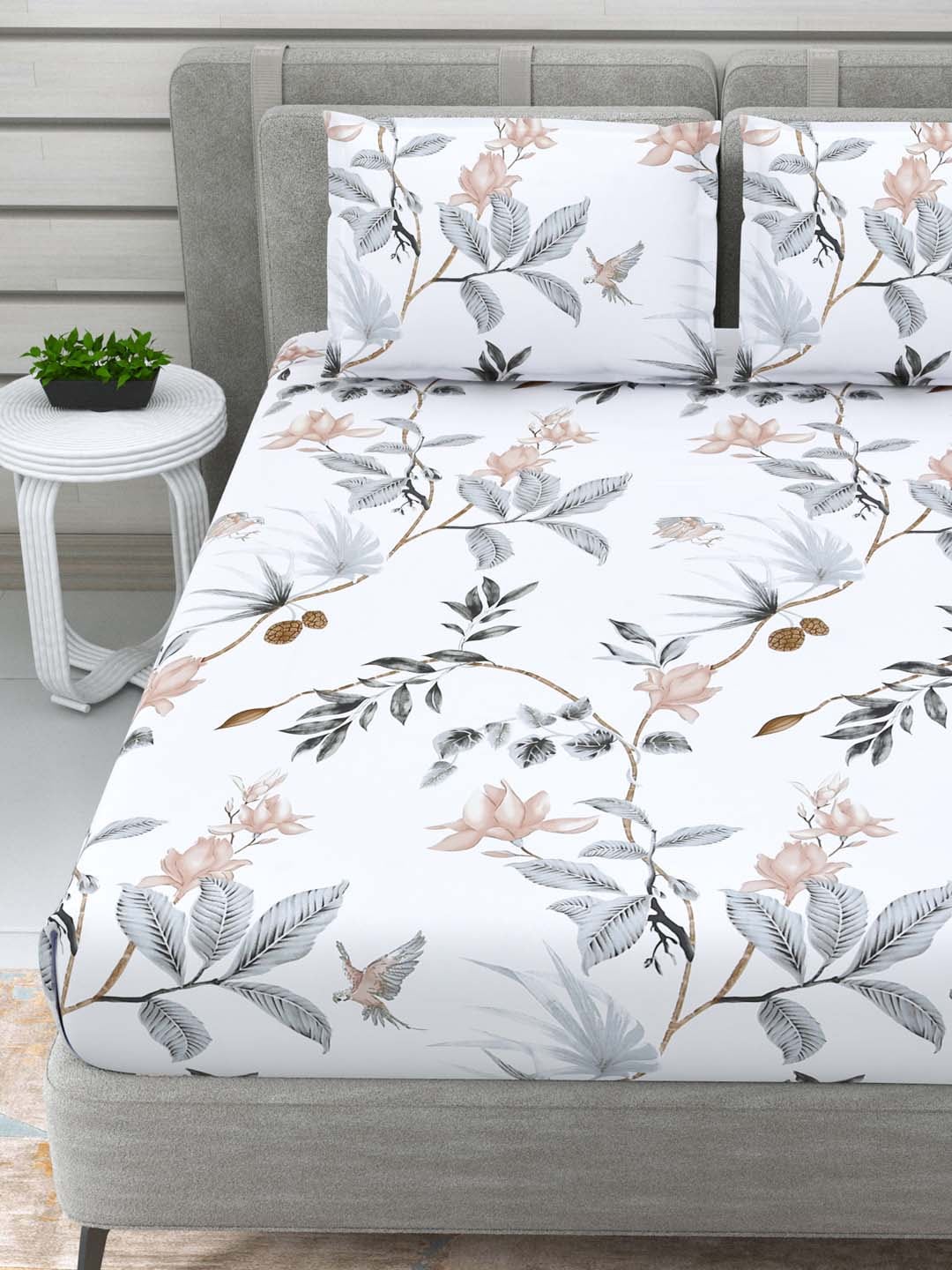 DREAM WEAVERZ White & Grey Floral 220 TC Cotton 1 Double Bedsheet with 2 Pillow Covers - Distacart