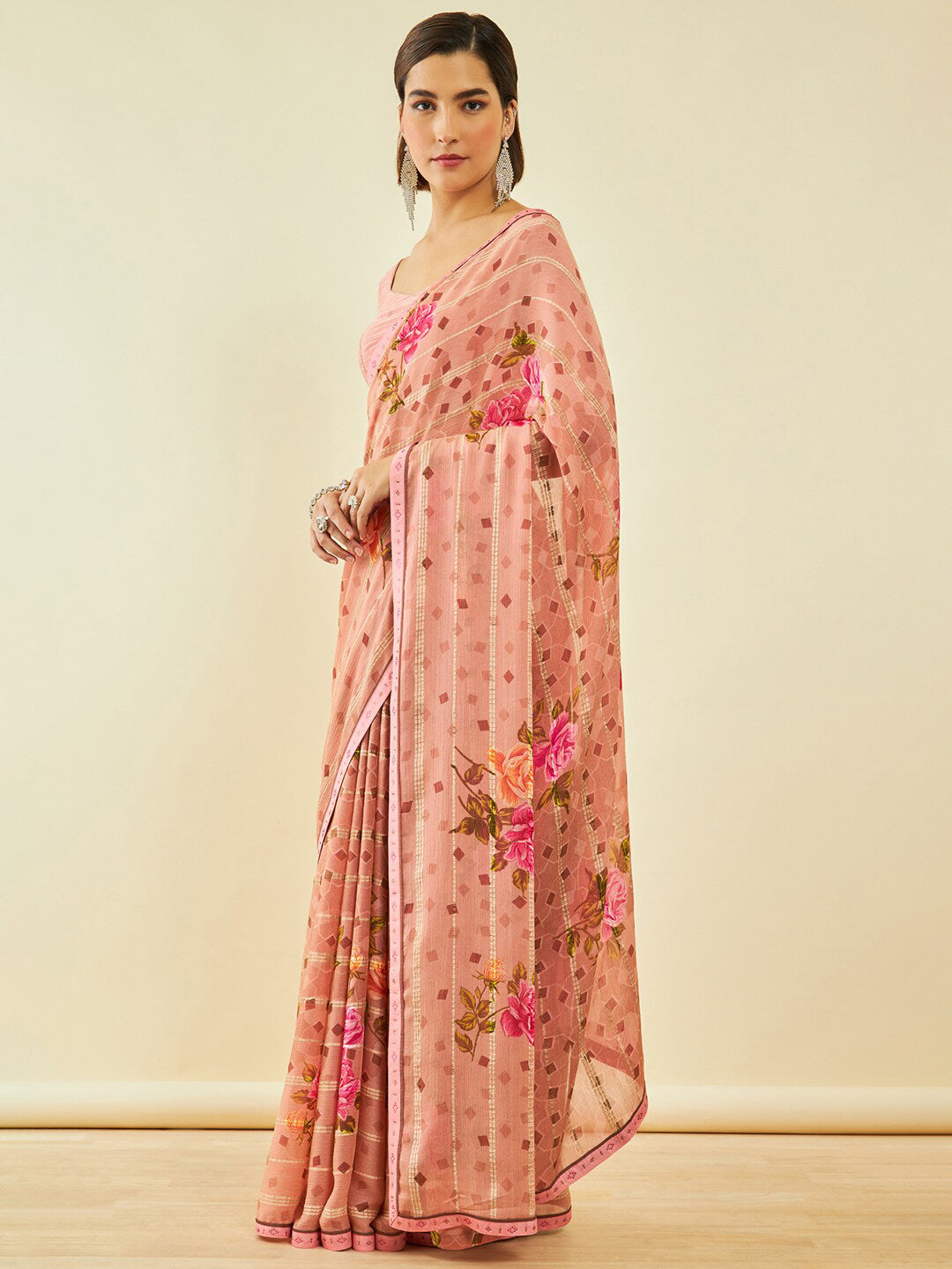 Soch Peach-Coloured Floral Printed Beads and Stones Saree - Distacart