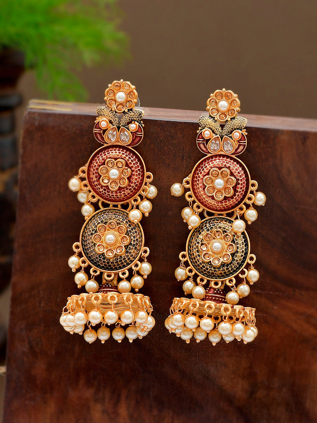Shoshaa Maroon & Green Gold-Plated Contemporary Jhumkas Earrings - Distacart