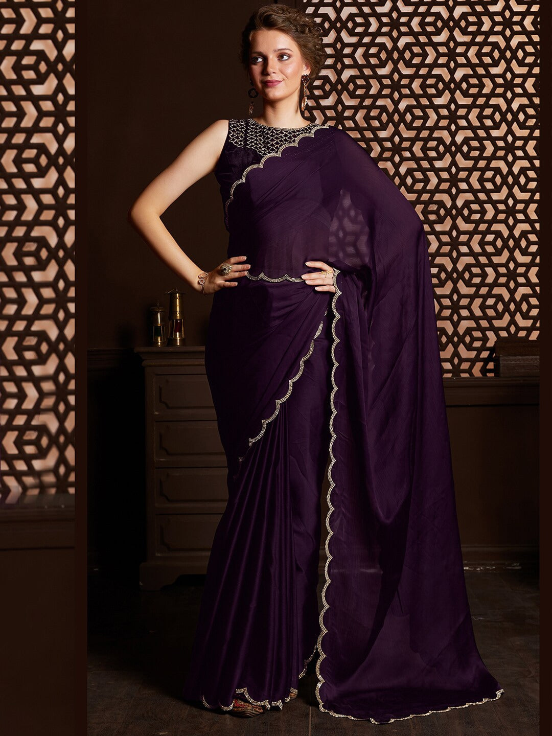 Saree Mall Embellished Border Pure Chiffon Sarees - Distacart