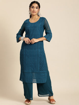 Sangria Women Teal Blue Ethnic Motifs Chikankari Kurta with Palazzos - Distacart