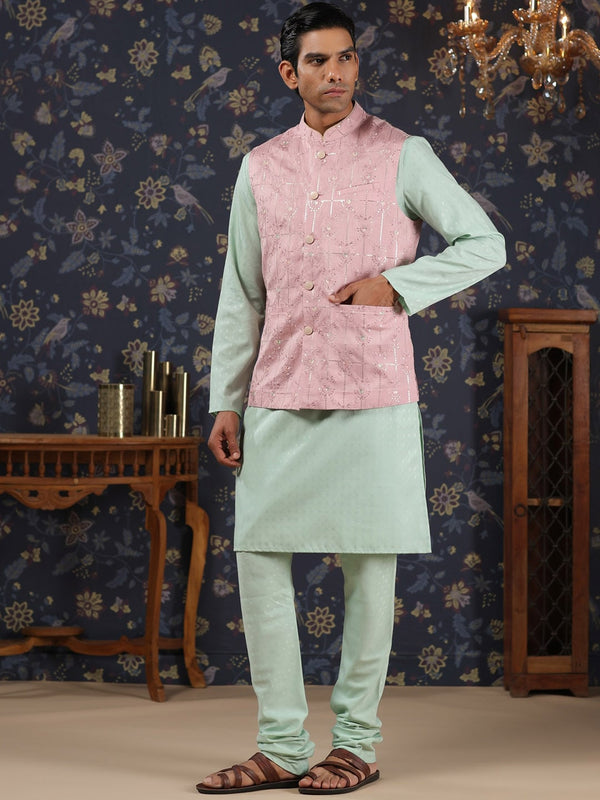 House of Pataudi Mandarin Collar Straight Kurta With Churidar & Embroidered Nehru Jacket - Distacart
