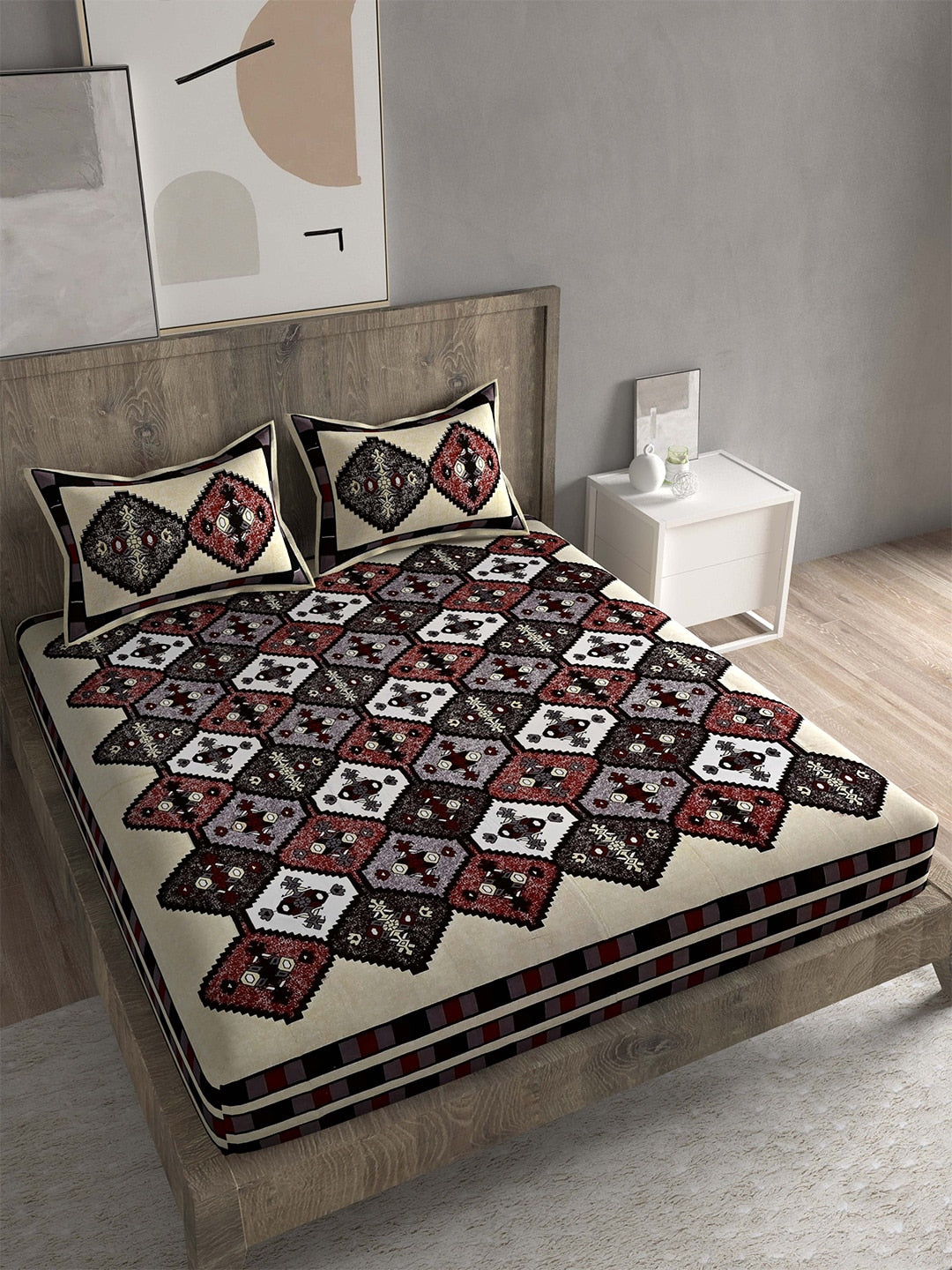 Spangle White & Maroon Ethnic Motifs 260 TC Cotton King Bedsheet with 2 Pillow Covers - Distacart
