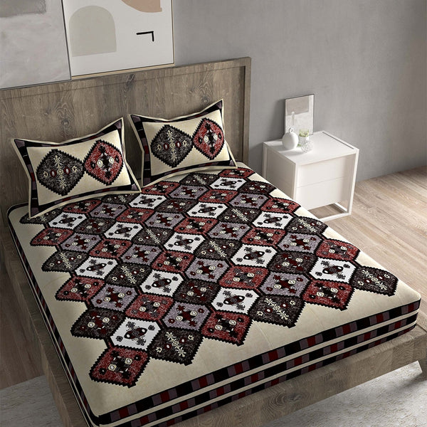 Spangle White & Maroon Ethnic Motifs 260 TC Cotton King Bedsheet with 2 Pillow Covers - Distacart