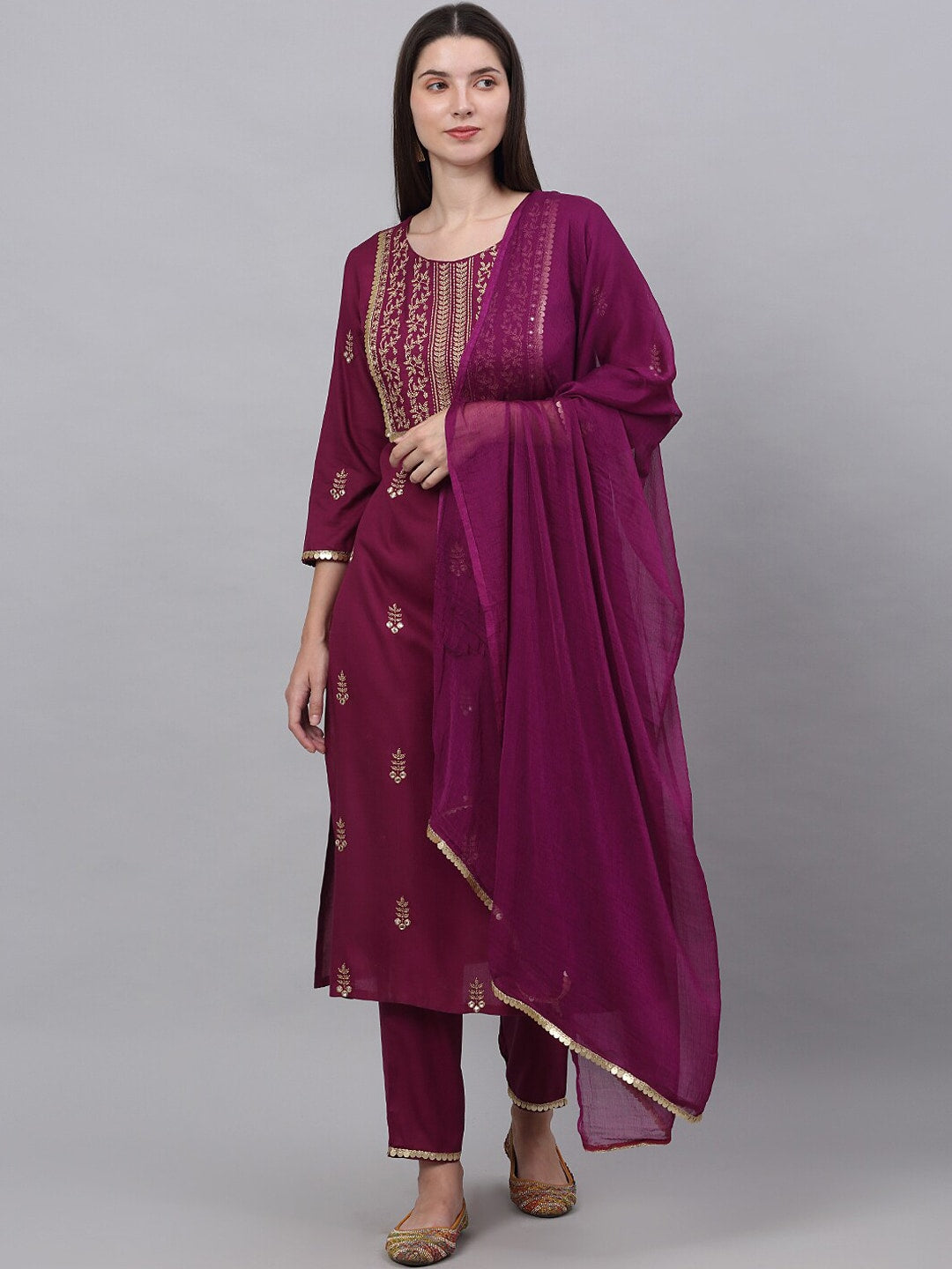 Kalini Women Yoke Design Mirror Work Kurta with Trouser & With Dupatta Set - Distacart
