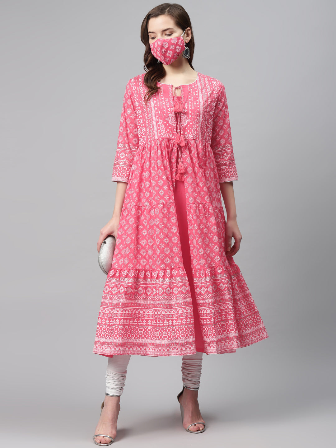 Biba Women Pink & White Printed Pure Cotton Anarkali Kurta & Mask - Distacart