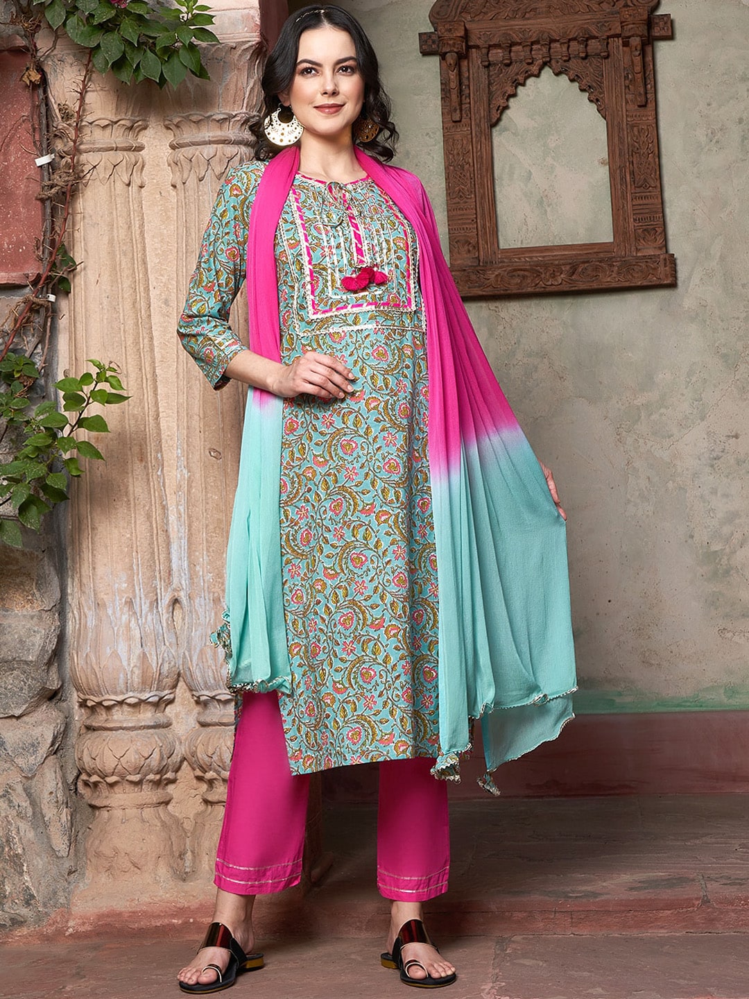 Sangria Ethnic Motifs Yoke Design Pure Cotton Kurta With Trousers & Dupatta - Distacart