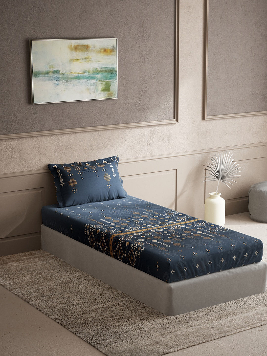 DDecor Blue & Brown Ethnic Motifs Cotton 150 TC Single Bedsheet with 1 Pillow Cover - Distacart