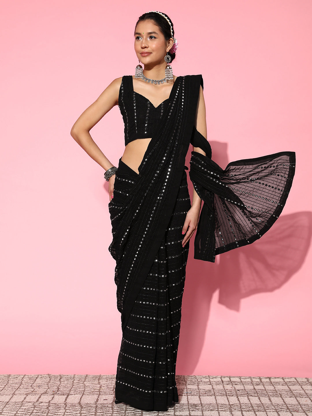 Mitera Embellished Mirror Work Pure Georgette Saree - Distacart