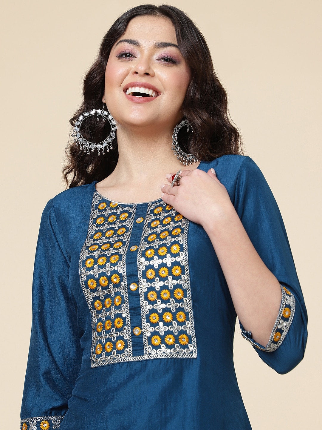 HERE&NOW Ethnic Motifs Embroidered Mirror Work Jute Silk Kurta with Trousers & Dupatta - Distacart