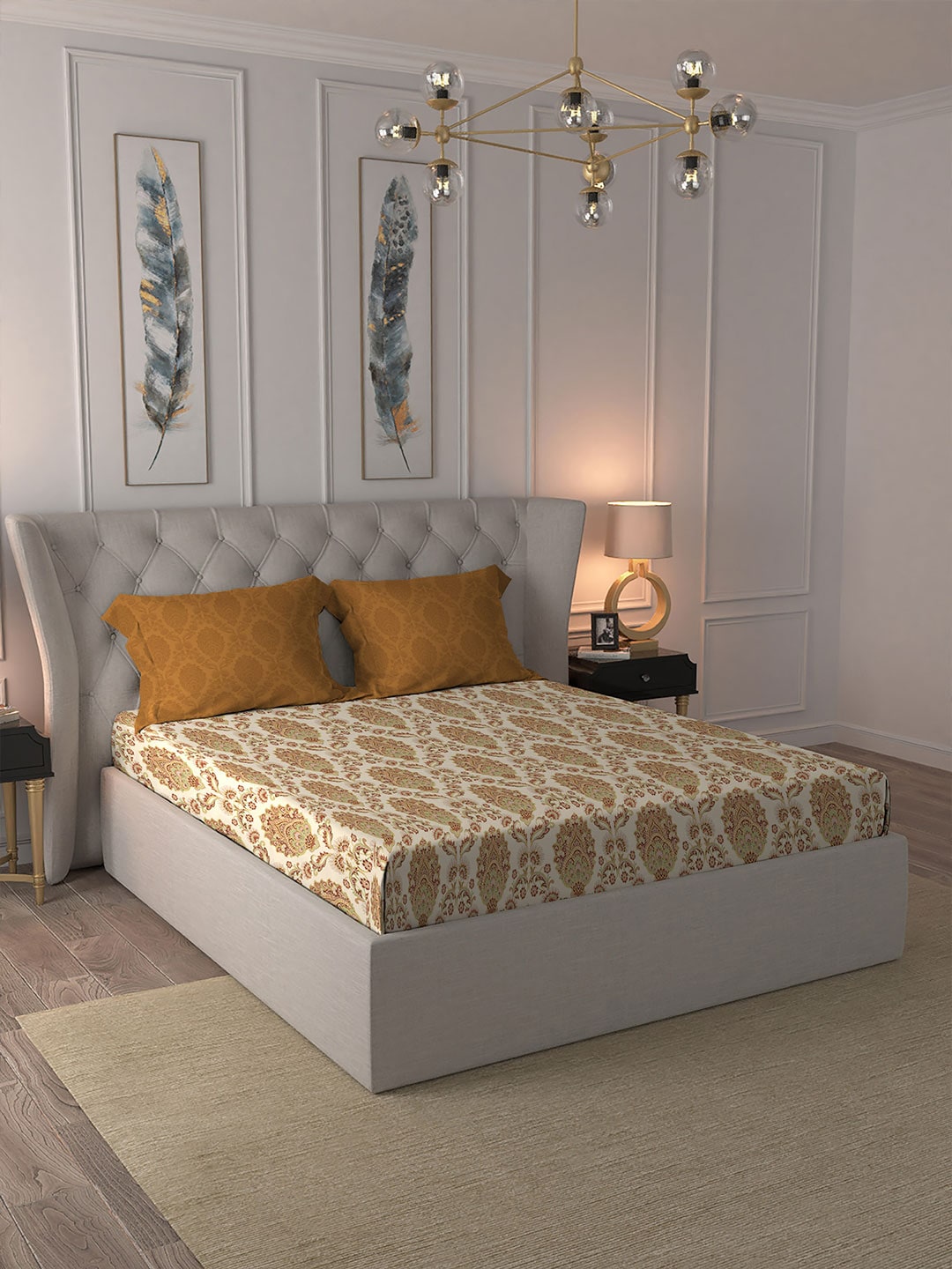 MYTRIDENT Celebration Cream-Coloured Ethnic Cotton 144 TC Queen Bedsheet & 2 Pillow Covers - Distacart