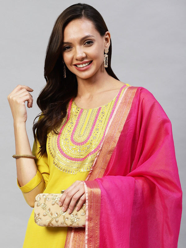 Kalini Women Yellow Ethnic Motifs Embroidered Thread Work Kurta with Trousers & With Dupatta - Distacart