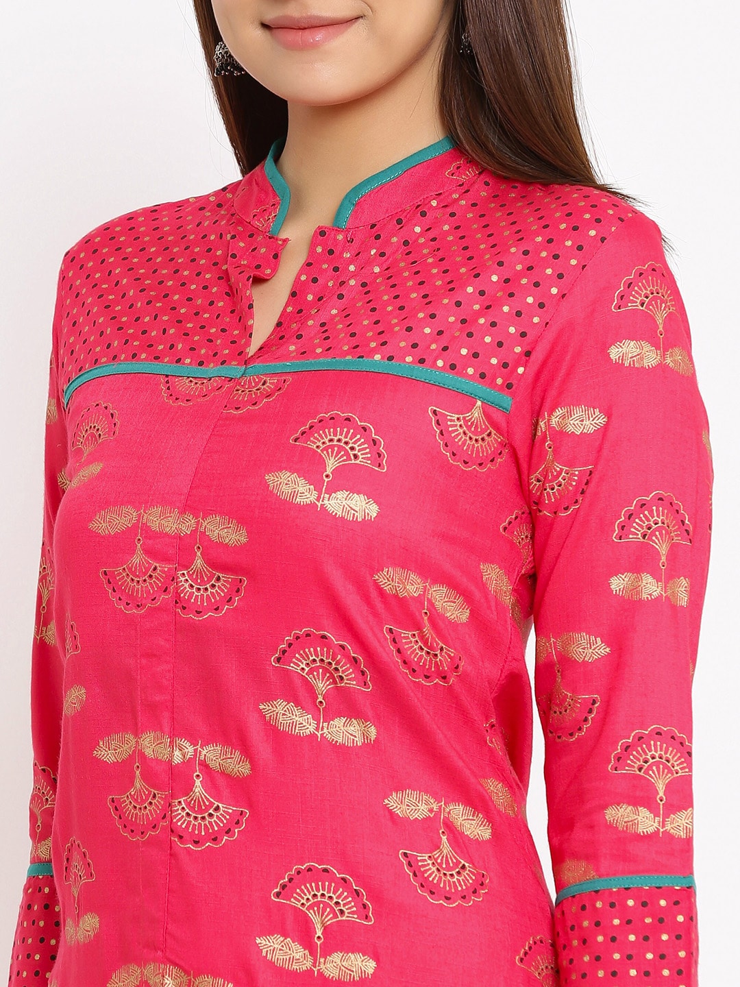 HERE&NOW Coral Mandarin Collar Ethnic Motifs Printed A-Line Kurta - Distacart
