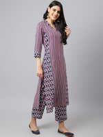 Thumbnail for Khushal K Striped Shawl Collar Straight Kurta with Palazzos - Distacart