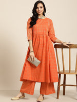 Thumbnail for Sangria Women Orange and Golden Ethnic Printed Pure Cotton Kurta with Palazzos - Distacart