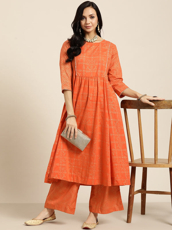 Sangria Women Orange and Golden Ethnic Printed Pure Cotton Kurta with Palazzos - Distacart
