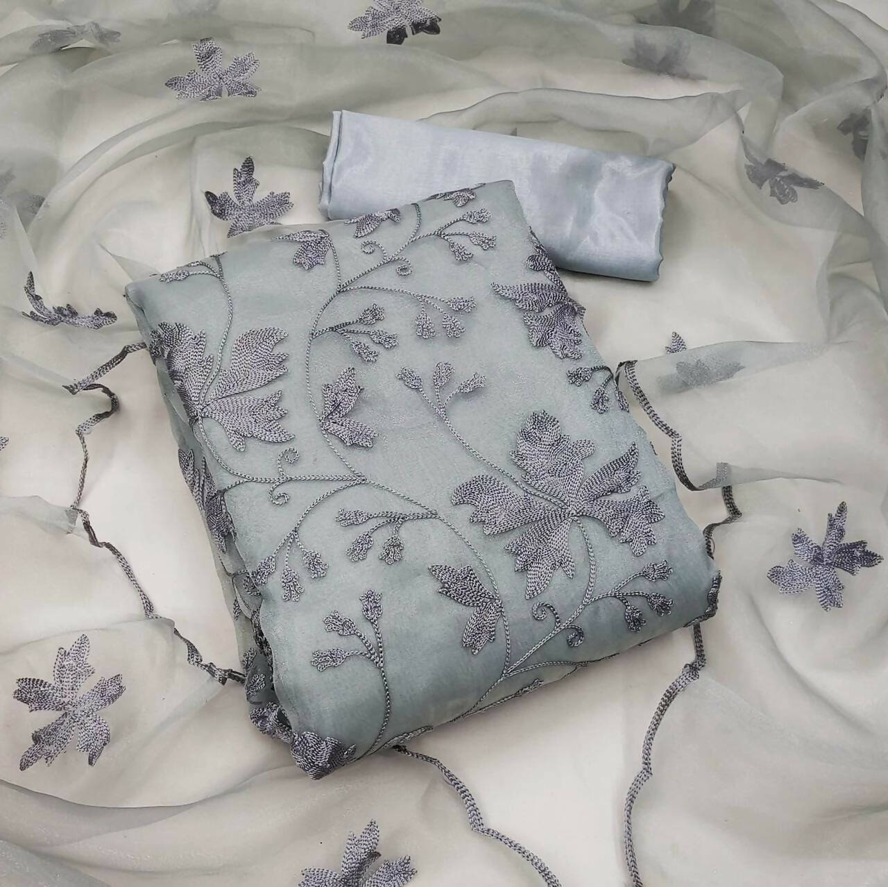 Grey Heavy Organza Silk Embroidered Unstitched Dress Material - Amara - Distacart