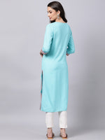 Thumbnail for Souchii Women Blue & Pink Embroidered Round Neck Straight Kurta - Distacart