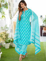 Thumbnail for Kalini Floral Printed Lace Detail Pure Cotton Kurta with Trousers & Dupatta - Distacart