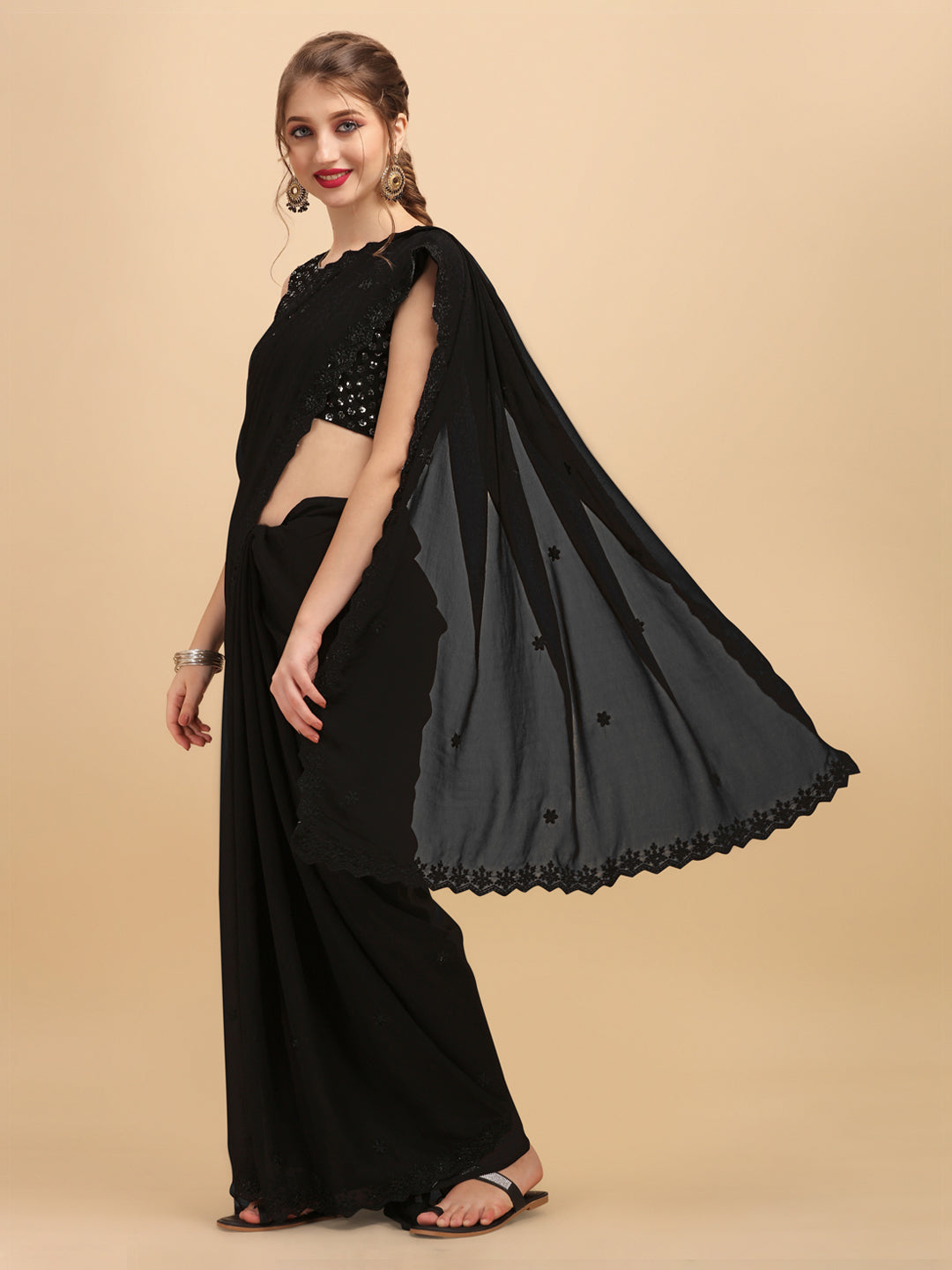 Sangria Black Embellished Sequinned Pure Georgette Saree - Distacart