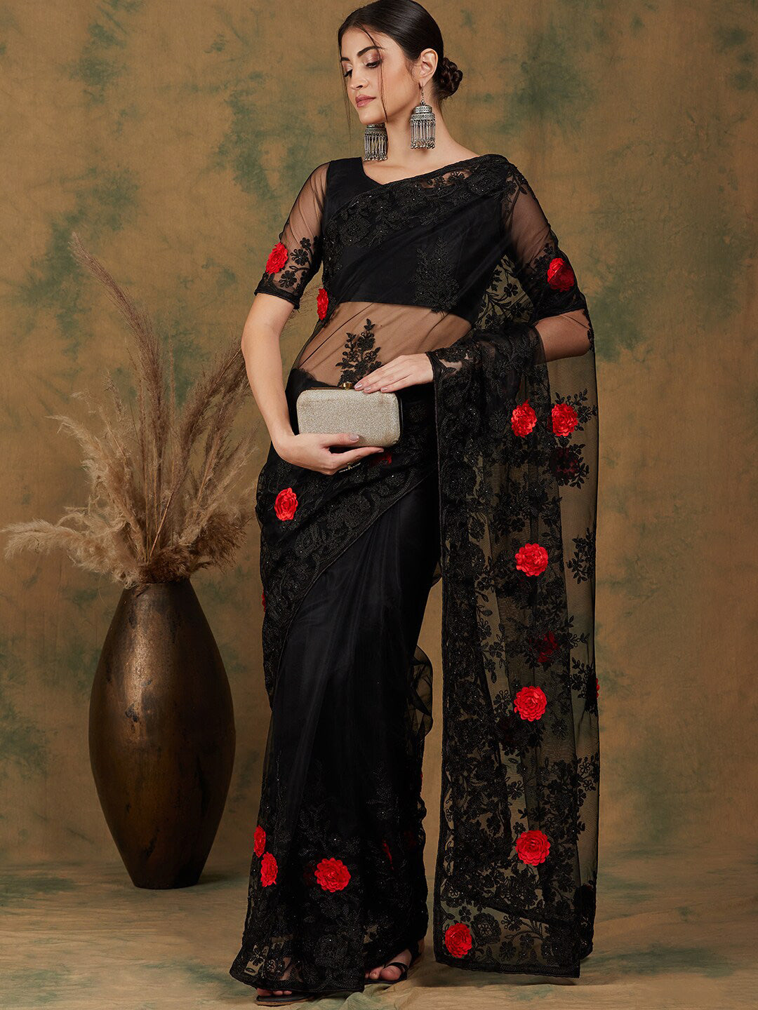 Sangria Black Floral Embroidered Saree - Distacart