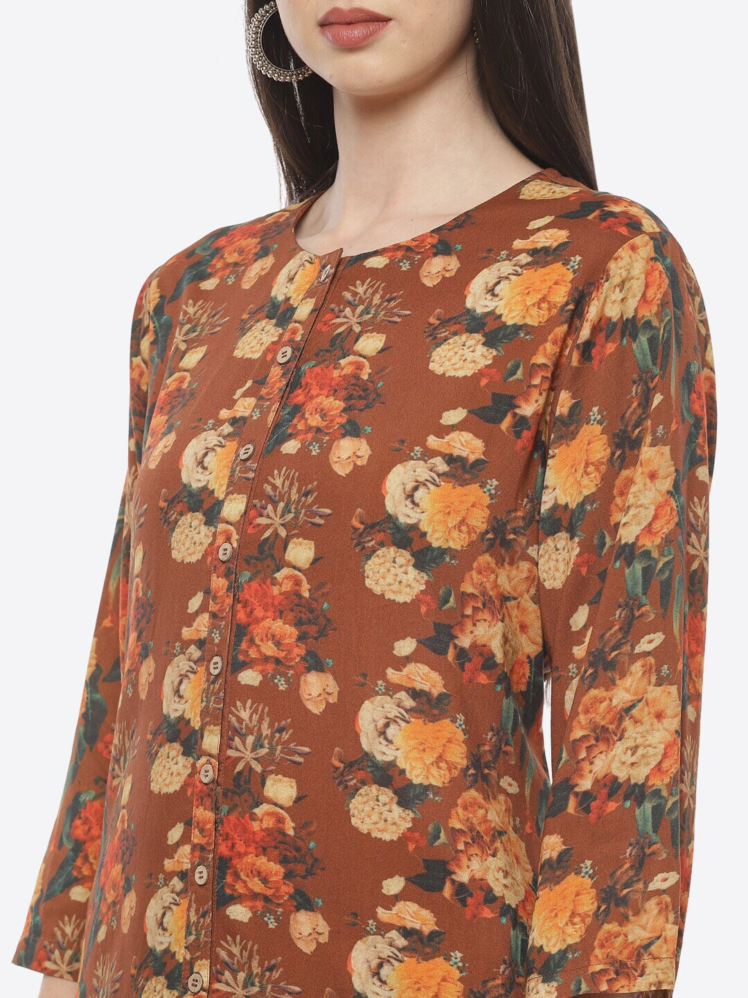 Biba Women Brown Floral Printed Kurta with Trousers - Distacart