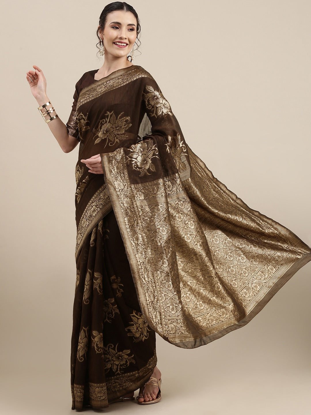 Saree Mall Brown Floral Linen Blend Banarasi Saree - Distacart
