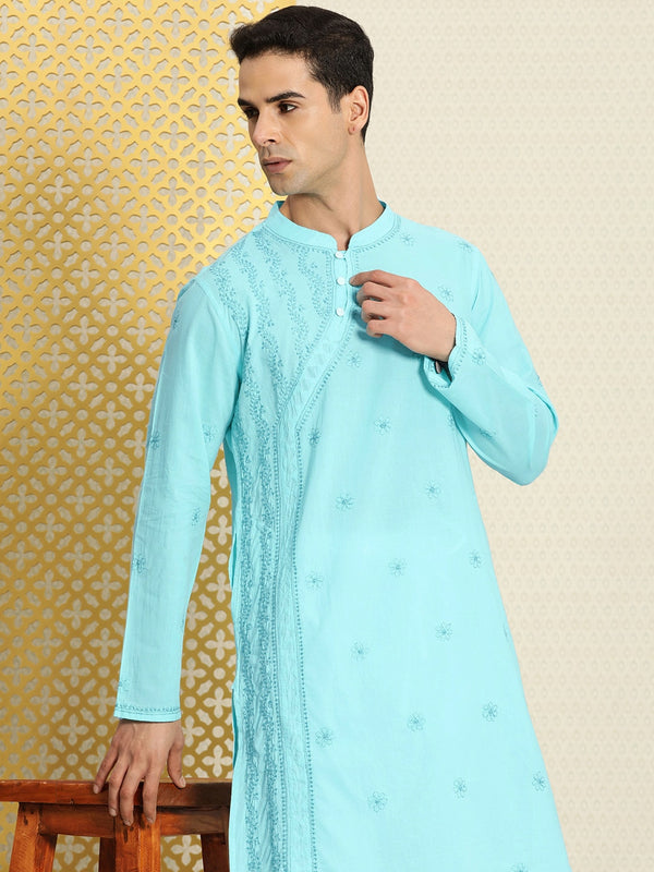 House of Pataudi Men Pure Cotton Embroidered Chikankari Jashn Kurta with Churidar - Distacart