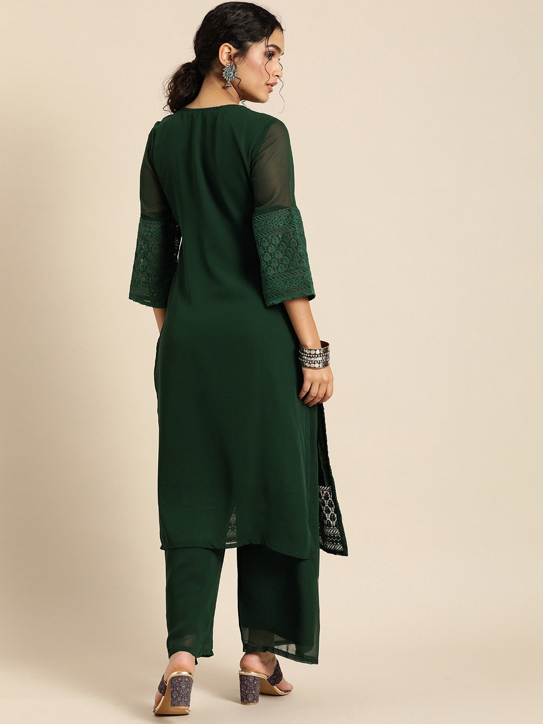 Sangria Women Green Ethnic Motifs Chikankari Kurta with Palazzos - Distacart