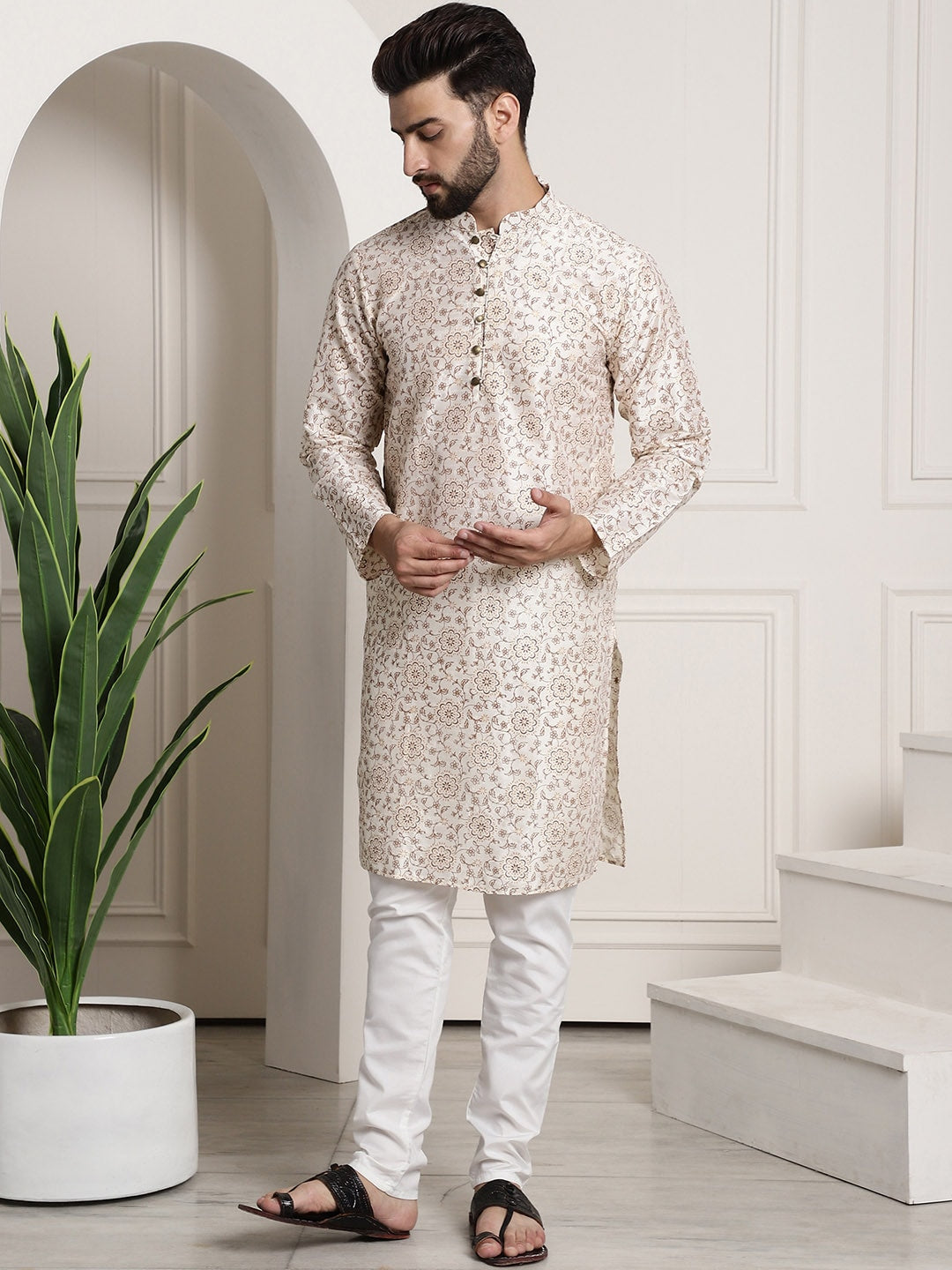 Sojanya Men Cream-Coloured & Brown Silk Cotton Printed Regular Kurta with Churidar - Distacart