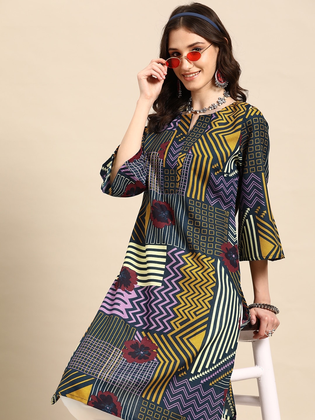 Sangria Printed Bell Sleeves Kurta - Distacart