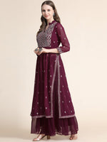 Thumbnail for Kalini Women Burgundy Floral Yoke Design Empire Silk Georgette Kurta with Sharara - Distacart