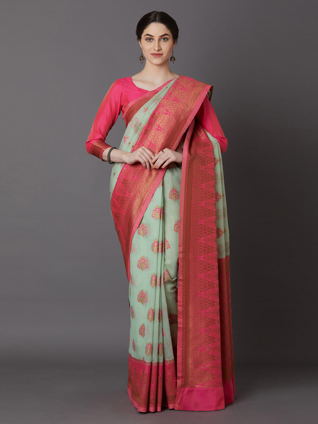 Mitera Sea Green & Pink Silk Blend Woven Design Banarasi Saree - Distacart