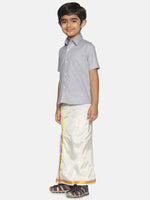 Thumbnail for Sethukrishna Boys Grey & White Pure Cotton Shirt With Veshti Set - Distacart