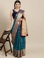 Thumbnail for Mitera Teal Blue & Golden Ethnic Motifs Banarasi Saree with Zari Border - Distacart