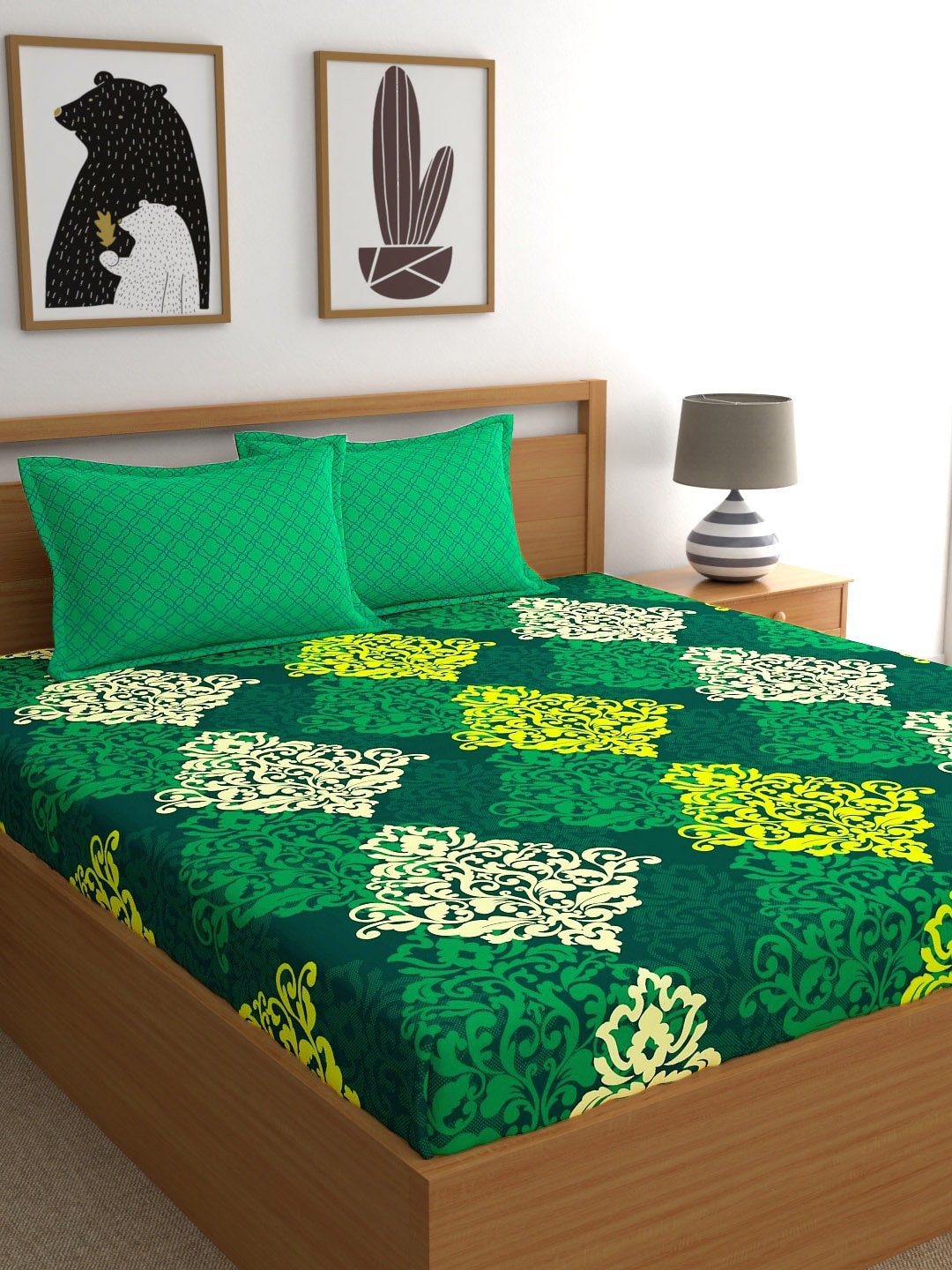 My Room Green & Yellow Ethnic Motifs 140 TC Super King Bedsheet with 2 Pillow Covers - Distacart