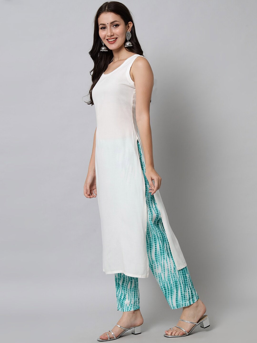 Kalini Women White & Blue Viscose Rayon Straight Kurta with Trousers - Distacart