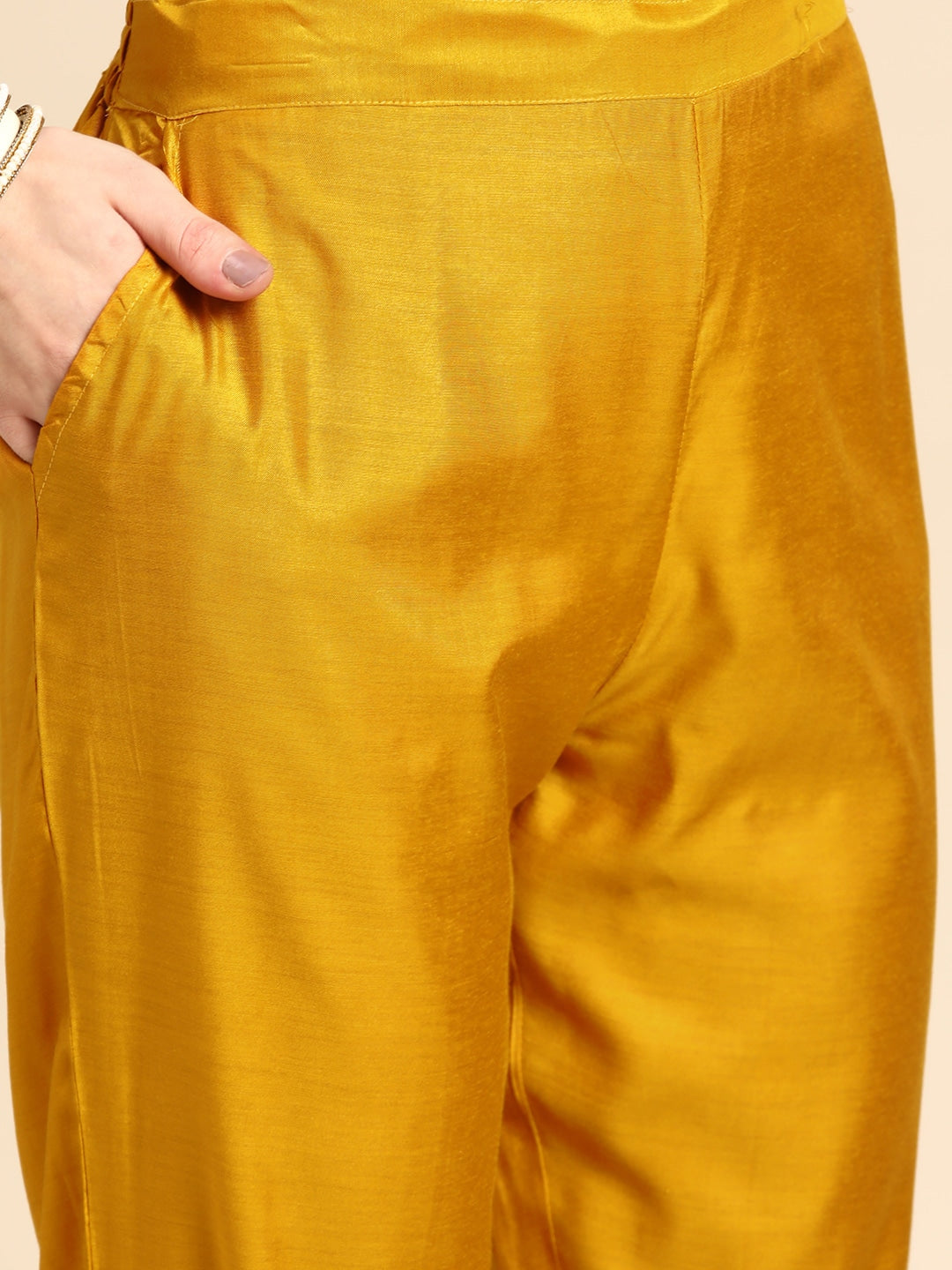 Sangria Women Mustard Yellow & White Embellished Beaded Kurta with Trousers & Dupatta - Distacart