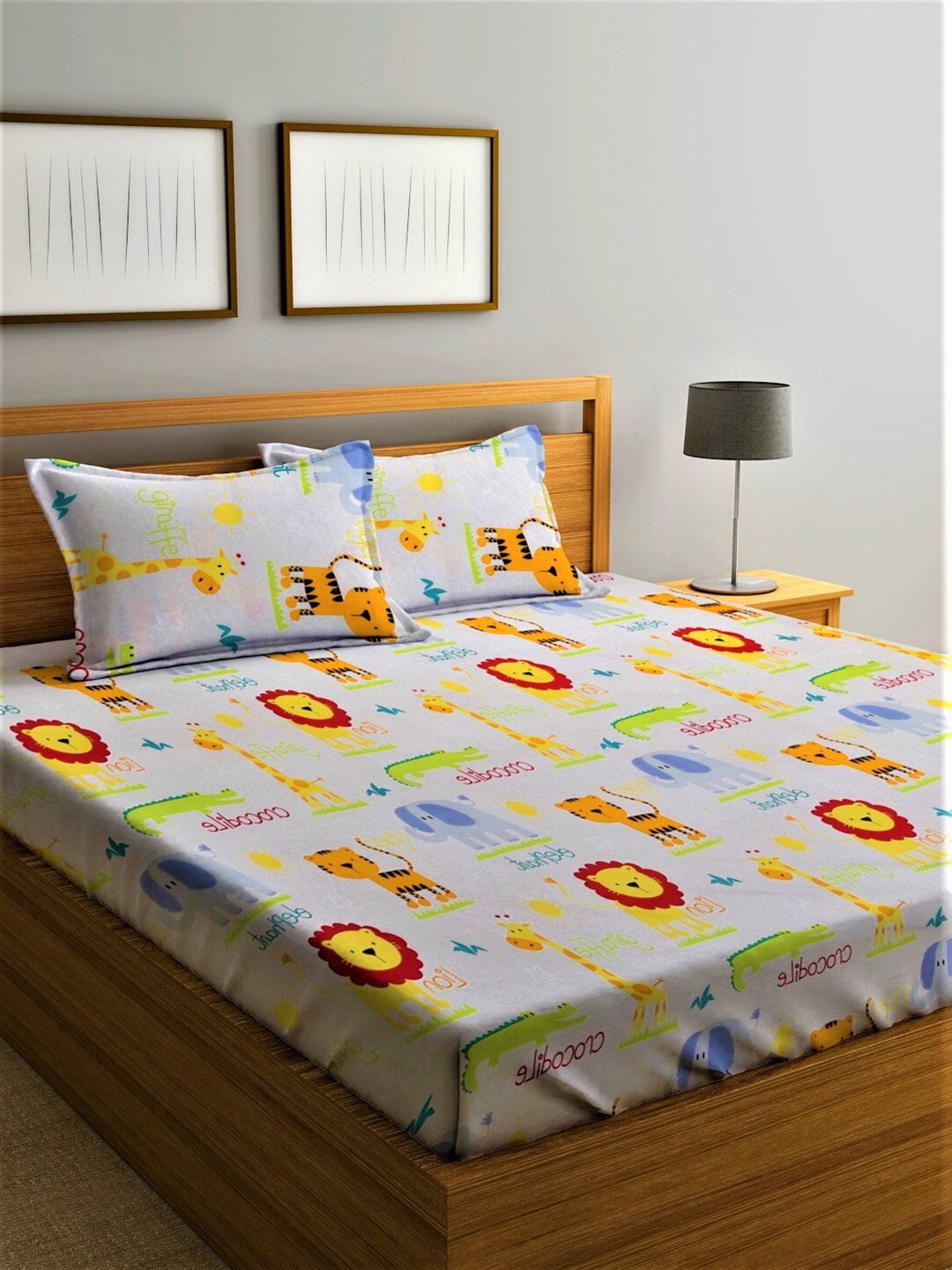 Home Sizzler White & Orange Cartoon Characters 210 TC Bedsheet with Pillow Covers - Distacart