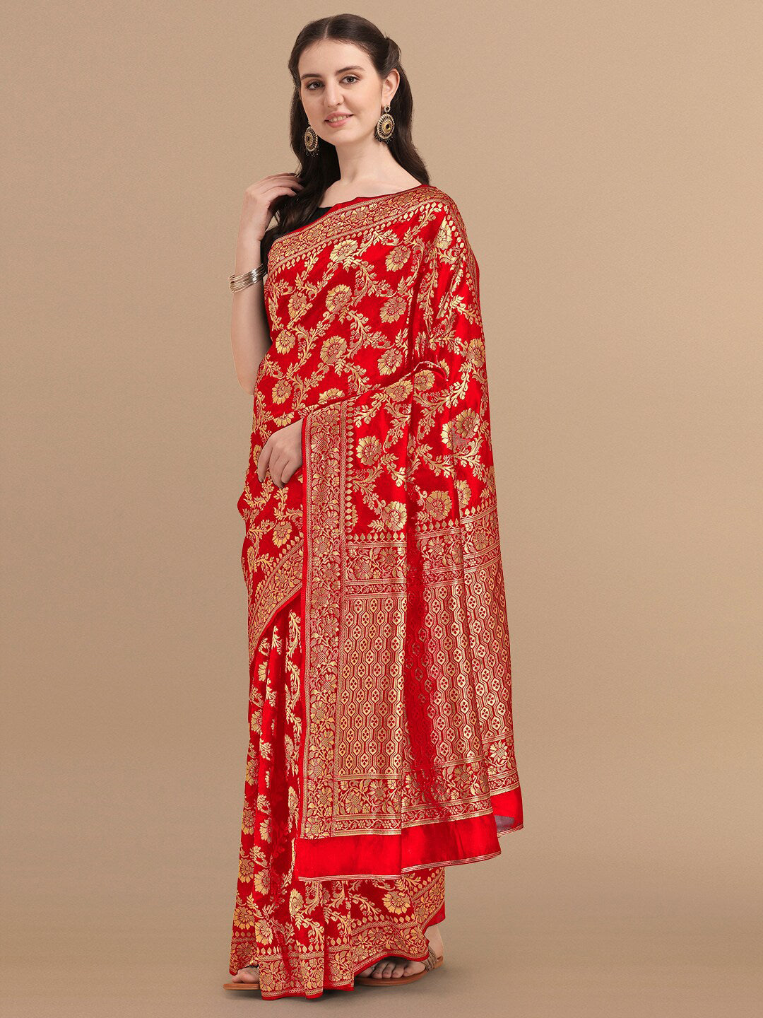 Kalini Red & Golden Floral Zari Silk Blend Banarasi Saree - Distacart