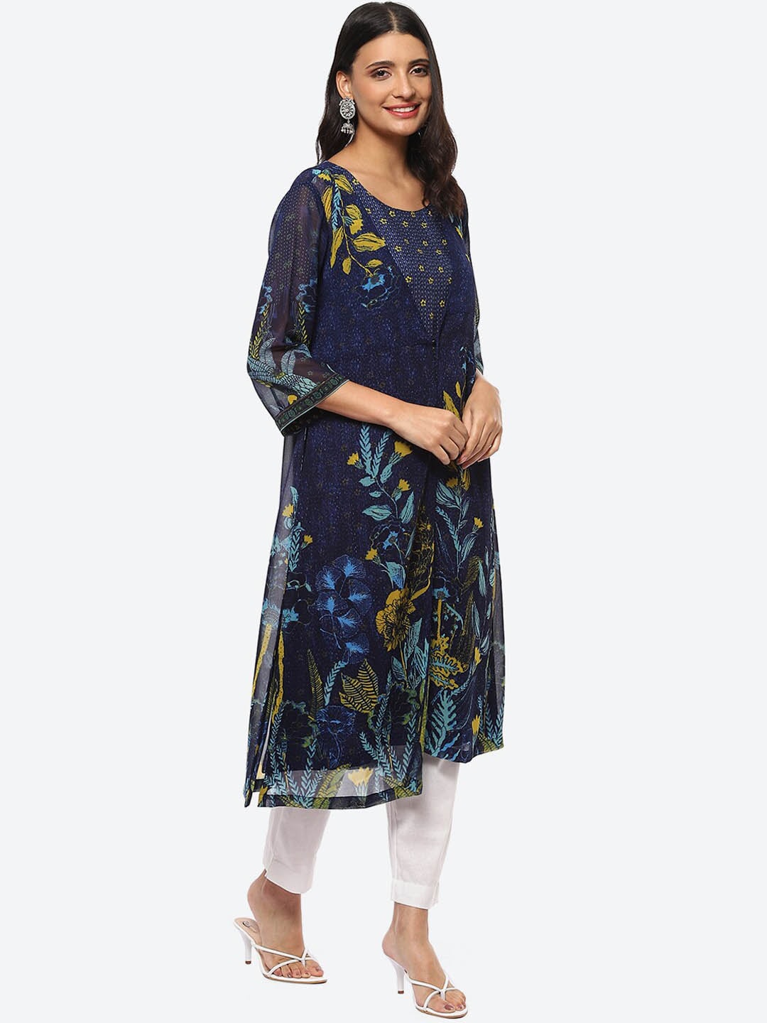 Biba Women Floral Printed Thread Work A-Line Kurta - Distacart