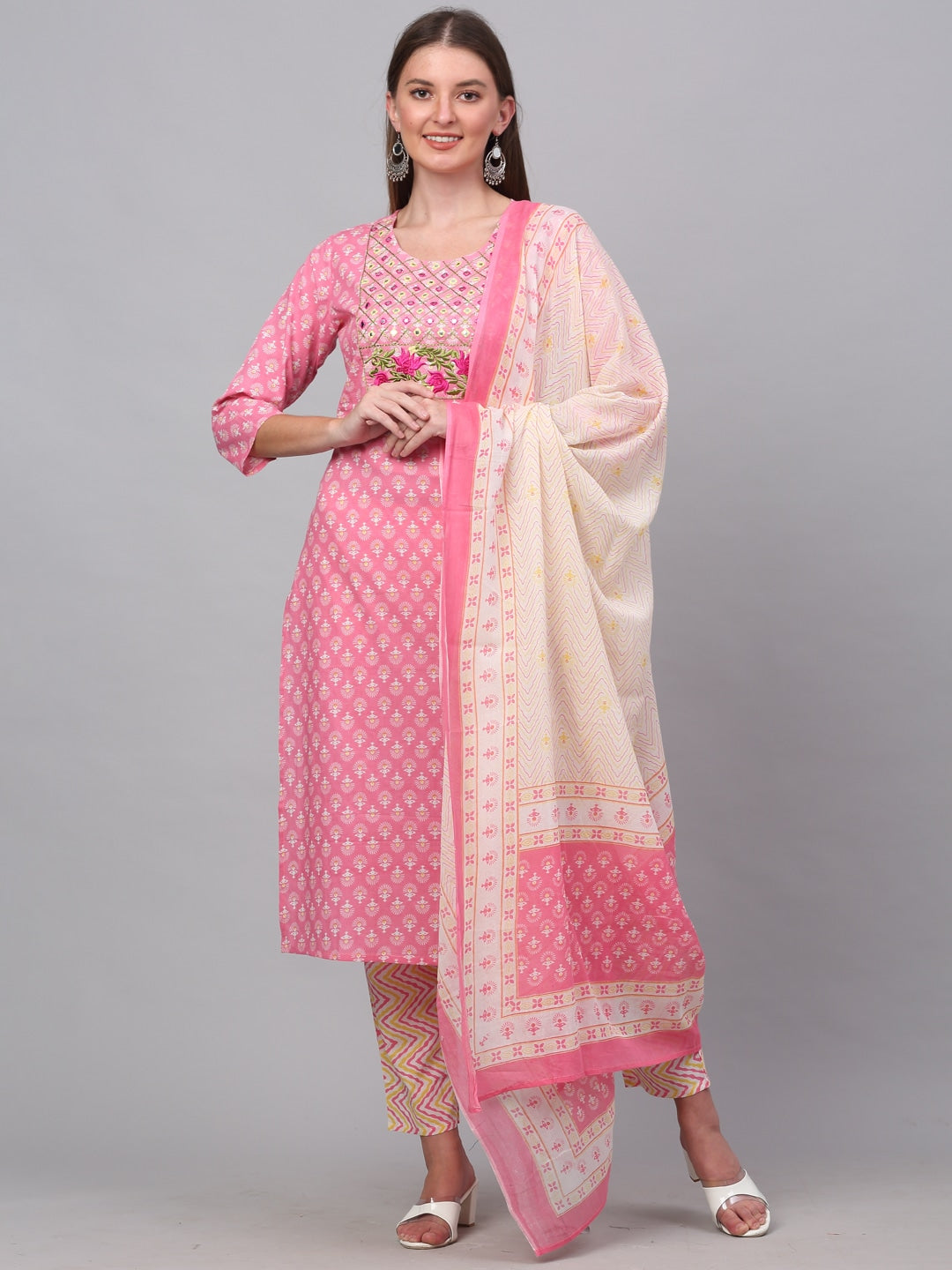 Kalini Women Pink Floral Printed Pure Cotton Kurta with Trousers & With Dupatta - Distacart