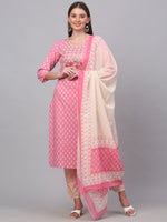 Thumbnail for Kalini Women Pink Floral Printed Pure Cotton Kurta with Trousers & With Dupatta - Distacart