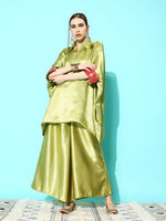 Thumbnail for InWeave Women's Olive Red Brocade Satin Boho Kurta Palazzo Set - Distacart