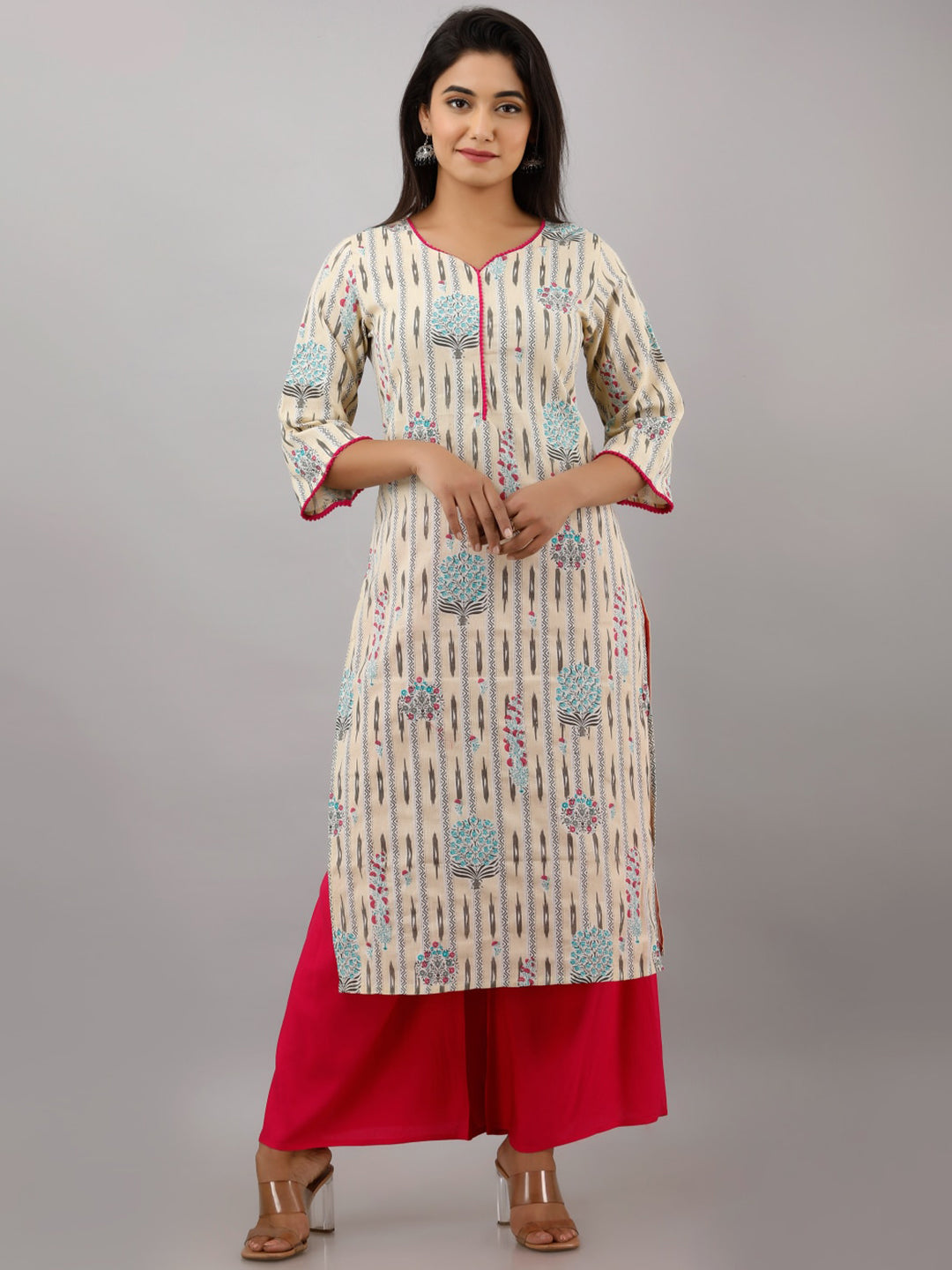 Kalini Women Beige & Blue Ikat Printed Cotton Straight Kurta - Distacart