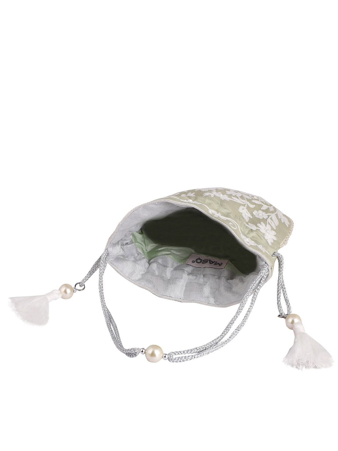 Masq Green & White Embellished Embroidered Potli Clutch - Distacart