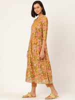 Thumbnail for HERE&NOW Women Mustard Yellow Floral Printed Angrakha Gotta Patti Pure Cotton Kurta with Trousers & With - Distacart